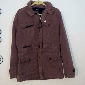 OBEY WOMENS LIGHT JACKET--BLACK-BUTTON POCKETS-HOOD-OBEY PIN-ZIP FRONT